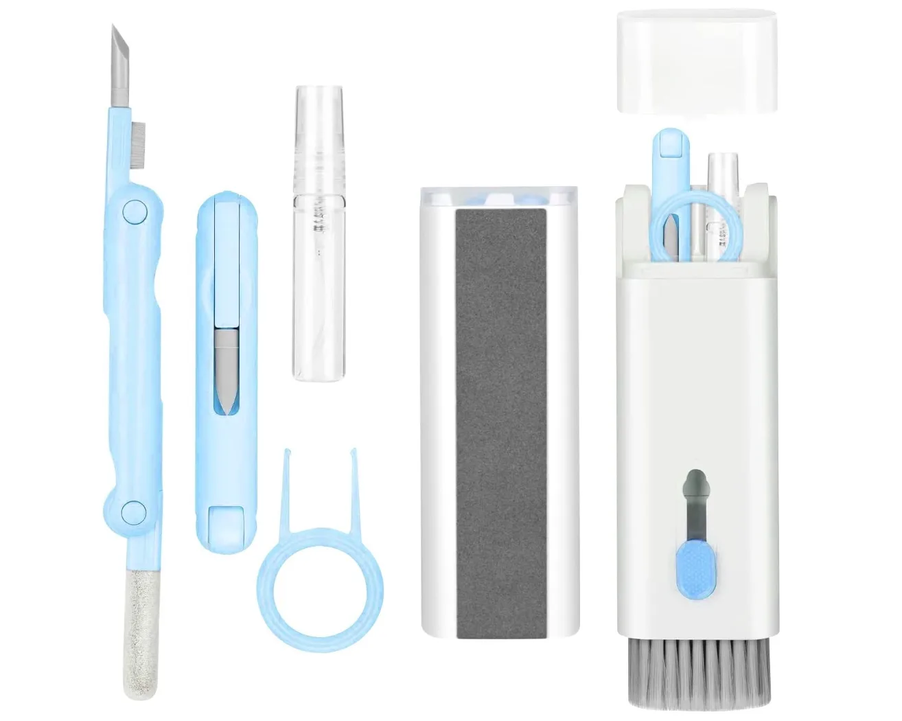 7-in-1 gadget cleaning kit laid out: foldable earbud pen, keycap puller, spray bottle, microfibre pad and brush case