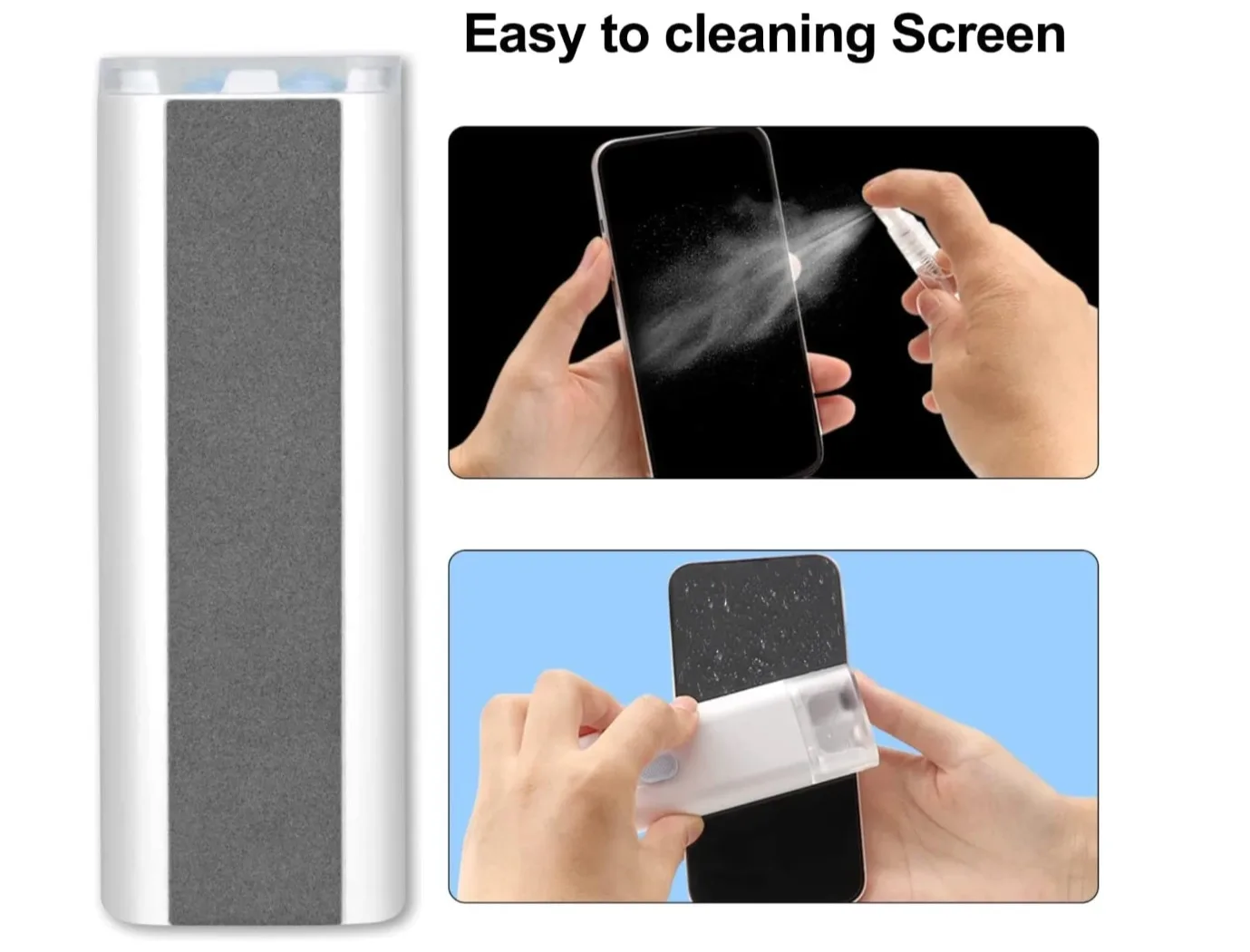 Spraying and wiping a phone screen with the kit