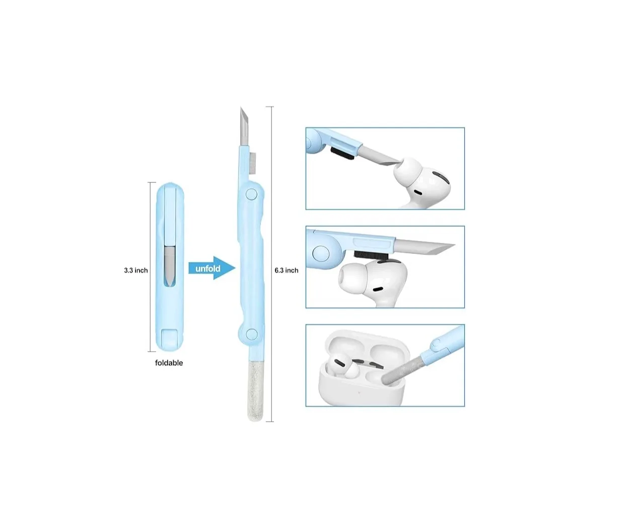 Foldable earbud cleaning pen, 3.3 inches folded and 6.3 inches open, cleaning AirPods